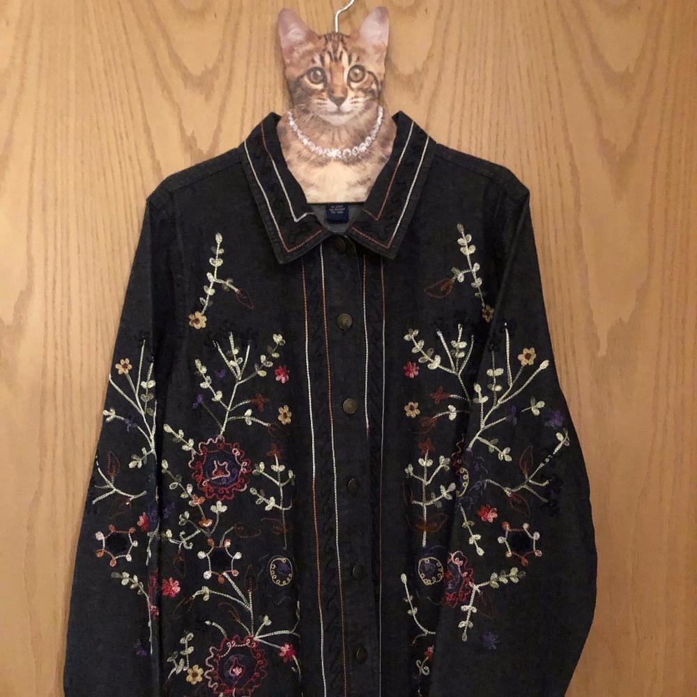 FLORAL Embroidered Denim Jean Jacket Blazer NEW